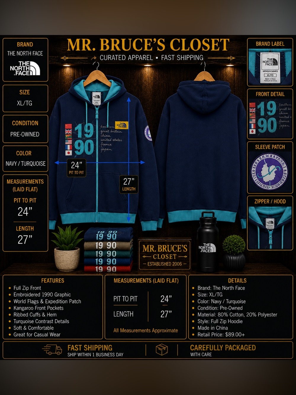 The North Face Navy & Turquoise Full-Zip Hoodie Jacket